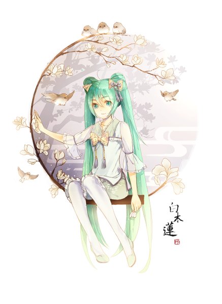 Anime picture 1000x1373 with vocaloid hatsune miku shuiyituzi single tall image twintails very long hair aqua eyes aqua hair girl dress flower (flowers) bow hair bow animal bird (birds)