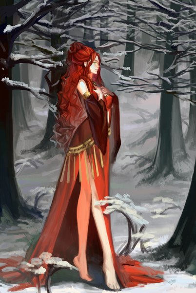 Anime picture 2480x3700 with original aisling (pixiv) long hair tall image highres smile green eyes red hair profile barefoot light smile bare legs legs hand on chest winter snow bare tree curly hair girl dress
