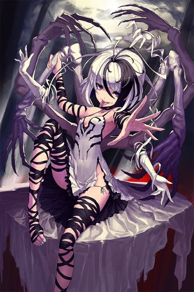 Anime picture 667x1000 with original tech chimera single tall image fringe short hair breasts light erotic sitting purple eyes holding ahoge white hair multicolored hair barefoot two-tone hair legs sleeveless outstretched arm spread arms