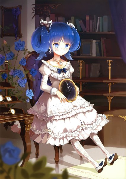 Anime picture 2473x3492 with original snow ring - la vie en rose (artbook) anmi single tall image highres short hair blue eyes sitting twintails blue hair scan loli hair rings girl dress hair ornament flower (flowers) bow earrings