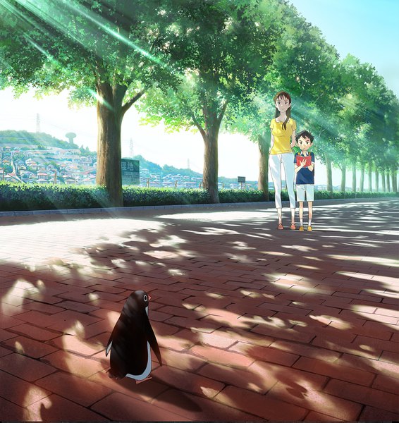 Anime picture 1359x1440 with penguin highway onee-san (penguin highway) aoyama-kun (penguin highway) ishida hiroyasu long hair tall image short hair black hair brown hair standing full body sunlight official art hands behind back girl boy plant (plants) animal tree (trees) shorts