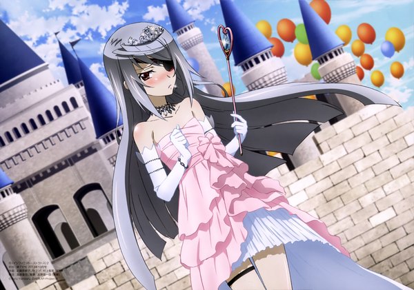 Anime picture 4088x2875 with infinite stratos 8bit laura bodewig kondou natsuko single long hair looking at viewer blush highres red eyes absurdres grey hair official art girl dress gloves elbow gloves white gloves eyepatch tiara