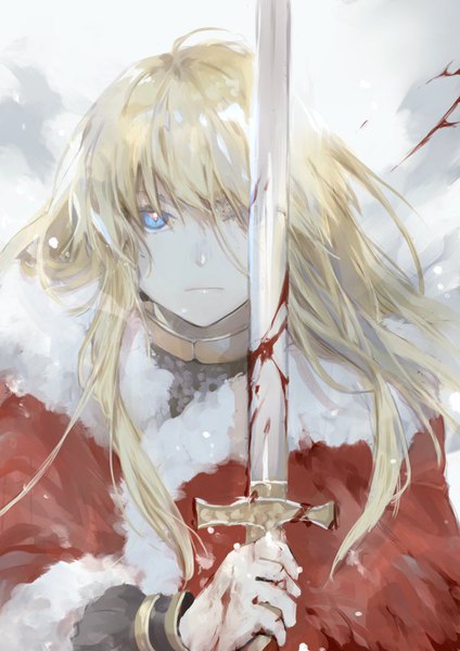 Anime picture 636x900 with vinland saga wit studio canute mura (artist) single long hair tall image looking at viewer fringe blue eyes simple background blonde hair hair between eyes holding upper body grey background fur trim covering eye (eyes) bloody weapon boy