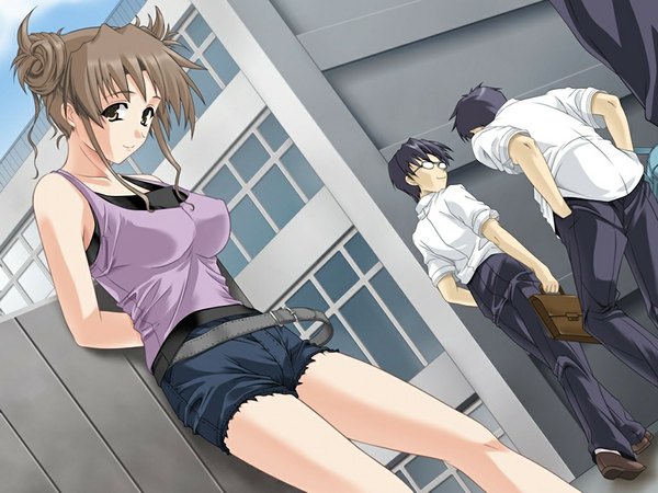 Anime picture 1024x768 with cafe aqua (game) shiratori yuriko (cafe aqua) asaga aoi looking at viewer fringe short hair breasts black hair smile brown hair standing bare shoulders holding brown eyes payot looking away game cg full body outdoors head tilt