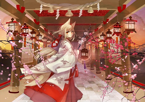 Anime picture 1000x706 with original aiha-deko single long hair looking at viewer blush fringe blonde hair red eyes holding animal ears tail traditional clothes japanese clothes animal tail looking back from behind fox ears cherry blossoms back