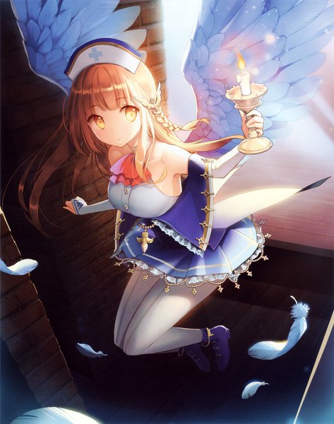 Anime picture 2236x2839 with cardfight vanguard candle celestial sariel salt (salty) single long hair tall image fringe highres breasts open mouth large breasts bare shoulders looking away bent knee (knees) from above wind orange hair :o orange eyes spread arms