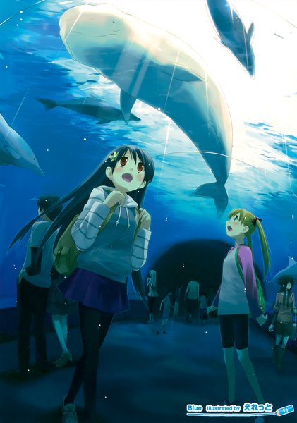 Anime picture 2458x3500 with original eretto long hair tall image blush highres open mouth blue eyes black hair blonde hair red eyes multiple girls looking up girl skirt hair ornament 2 girls miniskirt bag fish (fishes)