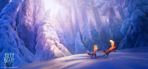 Anime picture 1200x560 with original ailah (artist) wide image sunlight watermark winter snow no people jumping nature plant (plants) animal tree (trees) forest fox