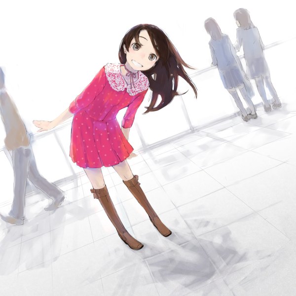 Anime picture 1280x1280 with original nimirom long hair looking at viewer smile brown hair standing brown eyes back walking girl skirt bow earrings pants knee boots