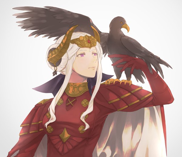 Anime picture 1500x1300 with fire emblem fire emblem: three houses nintendo edelgard von hresvelg cenia gs single long hair simple background white background purple eyes looking away upper body white hair arm up horn (horns) animal on shoulder bird on shoulder girl gloves animal