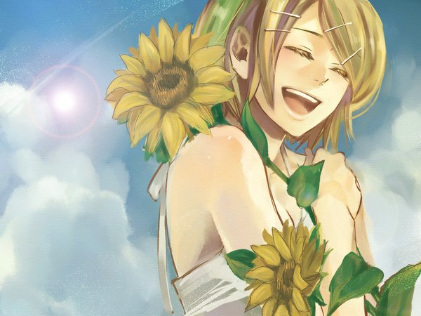 Anime picture 1024x768 with vocaloid kagamine rin sagula short hair blonde hair bare shoulders eyes closed lens flare girl hair ornament flower (flowers) hairclip sunflower