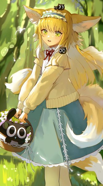 Anime picture 1620x2907 with the legend of luo xiaohei arknights suzuran (arknights) luo xiaohei suzuran (spring praise) (arknights) heixiu ufoliving single long hair tall image fringe blonde hair hair between eyes holding green eyes animal ears looking away outdoors tail animal tail