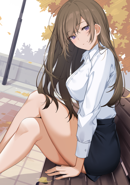 Anime picture 2596x3704 with original ikomochi single long hair tall image looking at viewer blush fringe highres breasts smile hair between eyes brown hair sitting purple eyes payot outdoors head tilt arm support bare legs