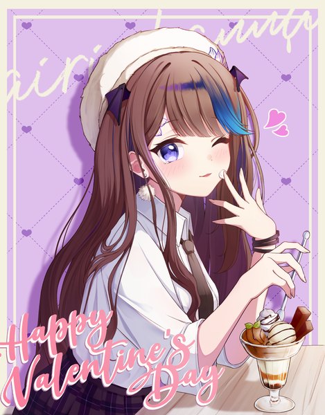 Anime picture 2126x2717 with virtual youtuber stellive airi kanna gyeou lee single long hair tall image looking at viewer highres brown hair purple eyes upper body one eye closed multicolored hair streaked hair text english valentine purple background girl