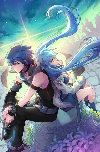 Anime picture 669x1019 with sword girls luthica preventer c.seryl long hair tall image short hair blue eyes red eyes sitting twintails bare shoulders blue hair couple back to back girl dress boy flower (flowers) weapon sword