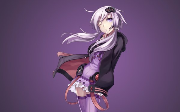 Anime picture 1920x1200 with vocaloid yuzuki yukari tagme (artist) assassinwarrior single long hair highres simple background purple eyes twintails holding looking away purple hair ahoge one eye closed open clothes open jacket wallpaper zettai ryouiki mouth hold