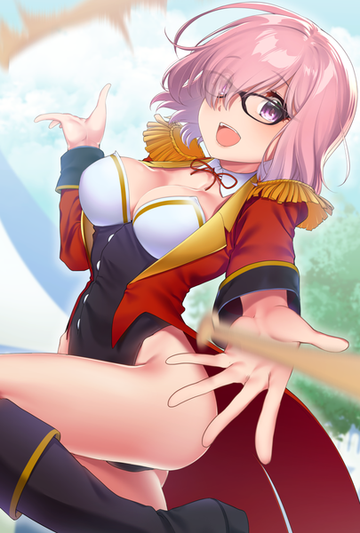 Anime picture 945x1398 with fate (series) fate/grand order mash kyrielight hisayaki kyuu single tall image looking at viewer blush fringe short hair breasts open mouth light erotic smile standing purple eyes pink hair sky cleavage cloud (clouds)