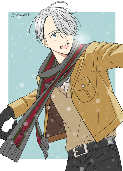 Anime picture 1308x1821 with yuri!!! on ice mappa viktor nikiforov natsuko (bluecandy) single tall image fringe short hair open mouth blue eyes looking away silver hair hair over one eye open jacket happy snowing framed exhalation boy gloves