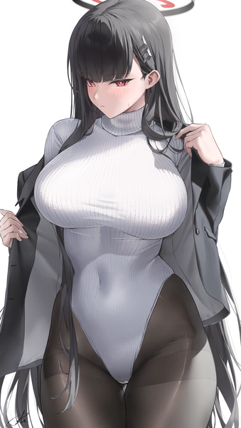 Anime picture 2314x4093 with blue archive rio (blue archive) yabacha single long hair tall image fringe highres breasts light erotic black hair simple background red eyes large breasts standing white background signed looking away blunt bangs parted lips