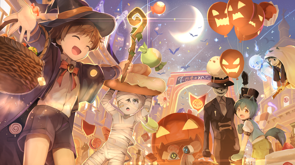 Anime picture 2646x1489 with original cocolo (co co lo) looking at viewer highres short hair open mouth brown hair wide image looking away tail eyes closed aqua hair night multiple boys sparkle grey eyes orange eyes fang (fangs) spread arms halloween