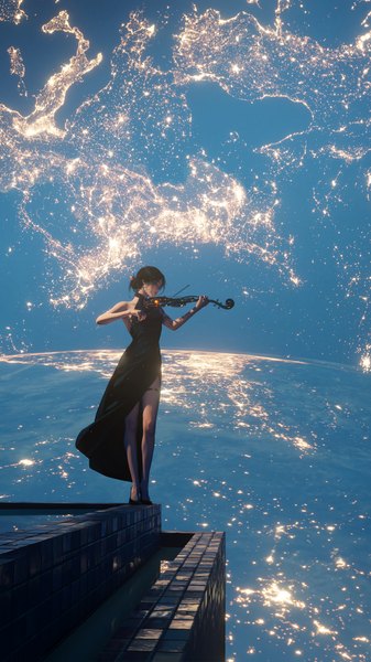Anime picture 4950x8800 with original wlop single tall image highres short hair black hair standing bare shoulders holding absurdres full body eyes closed hair bun (hair buns) sleeveless playing instrument girl dress black dress musical instrument
