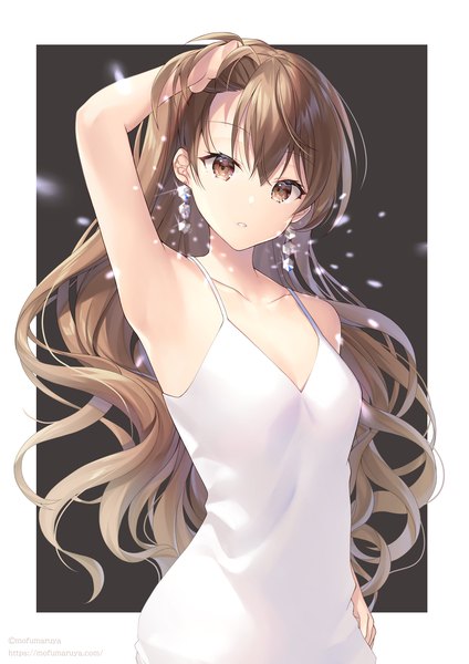 Anime picture 2480x3508 with original kagachi saku single long hair tall image looking at viewer fringe highres simple background hair between eyes brown hair standing brown eyes parted lips head tilt arm up sparkle armpit (armpits) sleeveless border