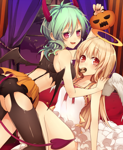 Anime picture 900x1089 with original nitaka (fujikichi) long hair tall image looking at viewer short hair open mouth light erotic blonde hair red eyes bare shoulders multiple girls horn (horns) green hair fake wings girl thighhighs dress black thighhighs 2 girls
