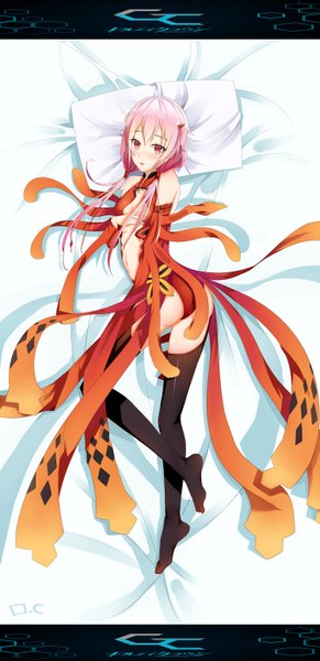 Anime picture 1500x3093 with guilty crown production i.g yuzuriha inori wei.c cong single long hair tall image looking at viewer blush fringe light erotic twintails pink hair lying low twintails on side eyebrows covering center opening covering breasts