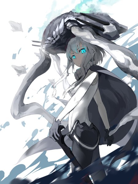 Anime picture 1771x2362 with kantai collection wo-class aircraft carrier huanxiang heitu single long hair tall image looking at viewer highres grey hair teeth pale skin shinkaisei-kan girl gloves black gloves cape bodysuit staff monster tentacles