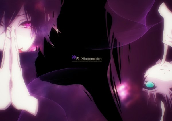 Anime picture 1000x706 with vocaloid hatsune miku aonoe long hair looking at viewer fringe short hair simple background smile purple eyes purple hair aqua eyes light smile glowing black background dark background glowing eye (eyes) upside down rotational symmetry girl