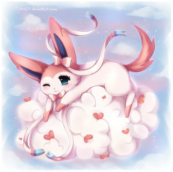 Anime picture 1619x1614 with pokemon pokemon xy nintendo sylveon midna01 single blush blue eyes animal ears tail animal tail one eye closed wink :3 valentine animal pokemon (creature)