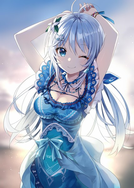 Anime picture 1000x1402 with virtual youtuber .live dennou shoujo siro yon (letter) single long hair tall image looking at viewer blue eyes smile blue hair cleavage ahoge one eye closed hair flower wink arms up girl dress flower (flowers)