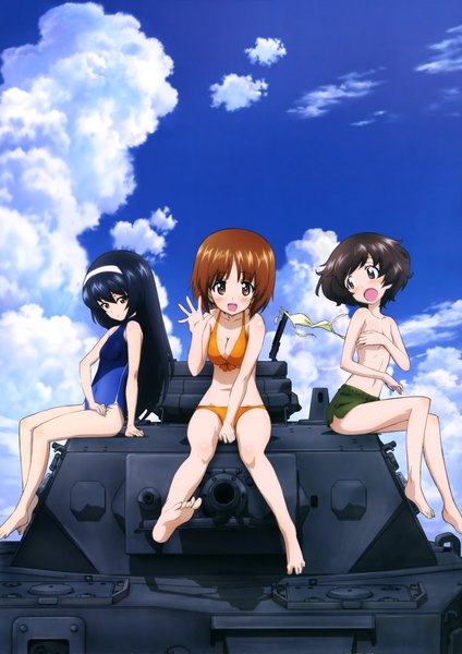 Anime picture 2895x4092 with girls und panzer nishizumi miho akiyama yukari reizei mako sugimoto isao long hair tall image blush highres short hair open mouth light erotic black hair multiple girls brown eyes absurdres scan orange hair official art girl