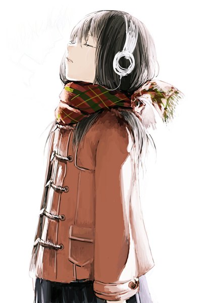 Anime picture 620x877 with original tomal long hair tall image fringe open mouth black hair simple background standing white background eyes closed parted lips tears girl boy jacket headphones coat wire (wires) winter clothes