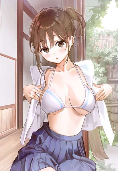 Anime picture 618x900 with original rangu single tall image looking at viewer blush fringe short hair breasts open mouth light erotic hair between eyes large breasts sitting brown eyes payot outdoors head tilt pleated skirt :o