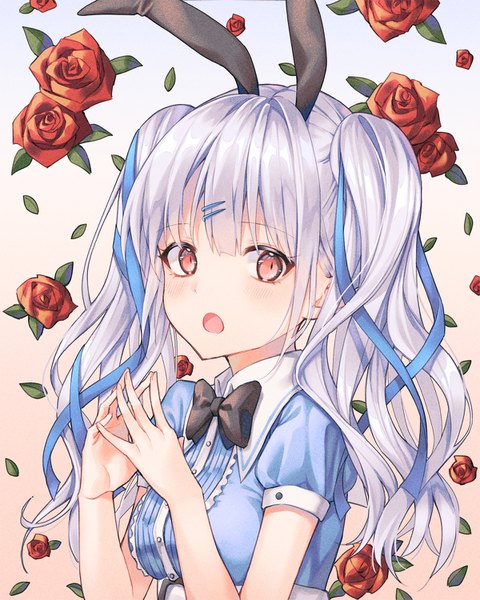 Anime picture 1200x1500 with alice in wonderland original alice (wonderland) cha chya single long hair tall image blush fringe open mouth red eyes twintails animal ears silver hair upper body bunny ears puffy sleeves girl flower (flowers) bow