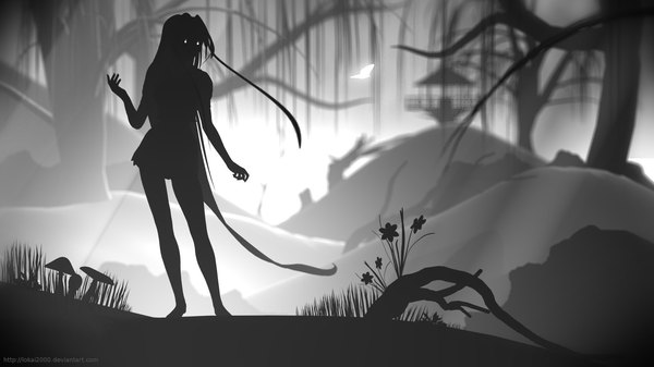 Anime picture 1920x1080 with limbo lokai2000 long hair highres wide image night monochrome silhouette girl flower (flowers) ribbon (ribbons) plant (plants) tree (trees) insect butterfly grass branch stone (stones) japanese house mushroom (mushrooms)