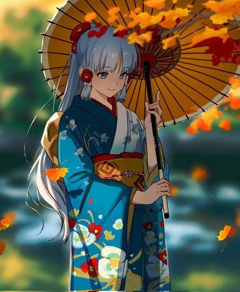 Anime picture 1684x2048 with genshin impact kamisato ayaka hajikkoneko single long hair tall image fringe blue eyes smile standing holding looking away silver hair outdoors ponytail long sleeves traditional clothes japanese clothes hair flower sunlight