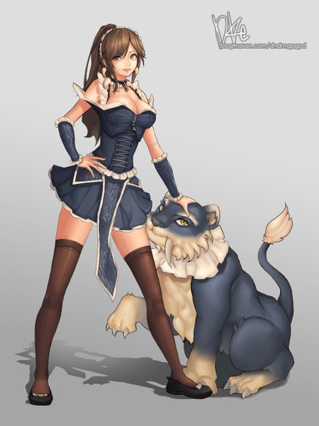 Anime picture 4000x5334 with league of legends nidalee (league of legends) lee seok ho long hair tall image fringe highres breasts light erotic smile hair between eyes large breasts standing brown eyes signed payot absurdres cleavage full body ponytail