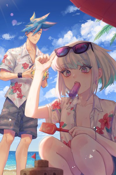Anime picture 4252x6378 with promare studio trigger lio fotia galo thymos tamaki599 tall image fringe highres short hair blue eyes hair between eyes purple eyes holding blue hair absurdres sky cloud (clouds) outdoors white hair multiple boys
