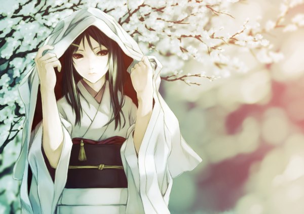 Anime picture 1200x849 with original kanden single long hair black hair brown eyes looking away traditional clothes japanese clothes blurry cherry blossoms girl hair ornament flower (flowers) plant (plants) tree (trees) hairclip obi yukata