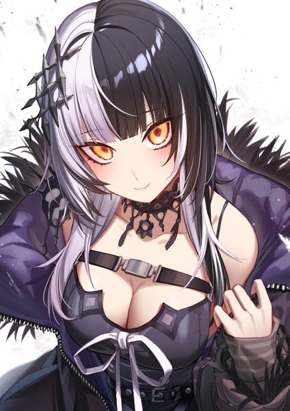 Anime picture 1736x2456 with virtual youtuber hololive hololive english shiori novella shiori novella (1st costume) erezu single long hair tall image looking at viewer fringe highres breasts light erotic black hair smile large breasts yellow eyes cleavage silver hair