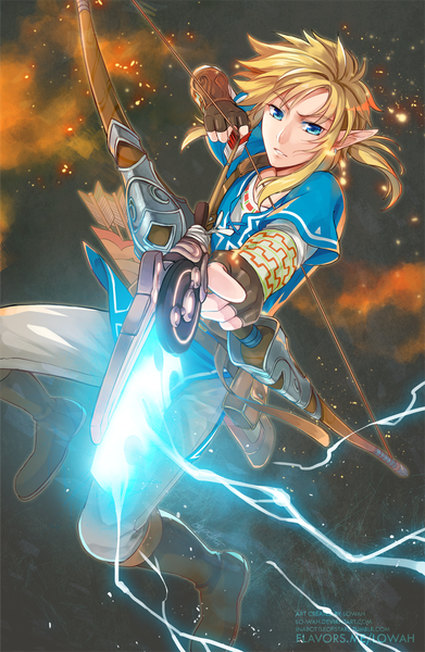 Anime picture 800x1226 with the legend of zelda the legend of zelda: breath of the wild nintendo link lo-wah single long hair tall image blue eyes blonde hair holding signed pointy ears magic elf glowing weapon boy gloves weapon boots