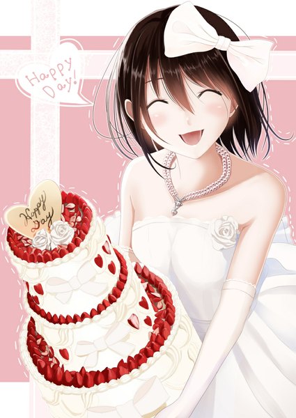 Anime picture 778x1098 with original kentaurosu single tall image blush short hair open mouth black hair eyes closed ^ ^ ^o^ girl dress gloves bow hair bow elbow gloves food sweets berry (berries)