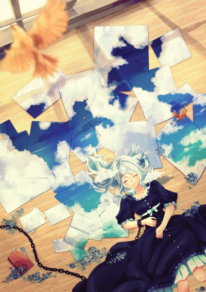 Anime picture 1000x1414 with original rosuuri single long hair tall image blue eyes sky cloud (clouds) eyes closed sleeping floor sky print girl dress animal water black dress bird (birds) book (books) chain