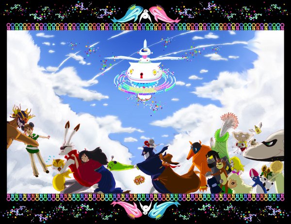 Anime picture 1300x1000 with summer wars madhouse king kazuma shinohara natsuki koiso kenji love machine tori hat animal ears cloud (clouds) dark skin group framed animal mask chipmunk