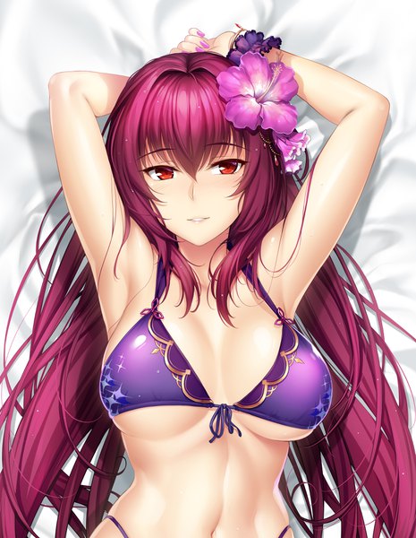 Anime picture 2808x3624 with fate (series) fate/grand order scathach (fate) (all) scathach (fate) okitakung single long hair tall image looking at viewer blush fringe highres breasts light erotic hair between eyes red eyes bare shoulders payot cleavage purple hair