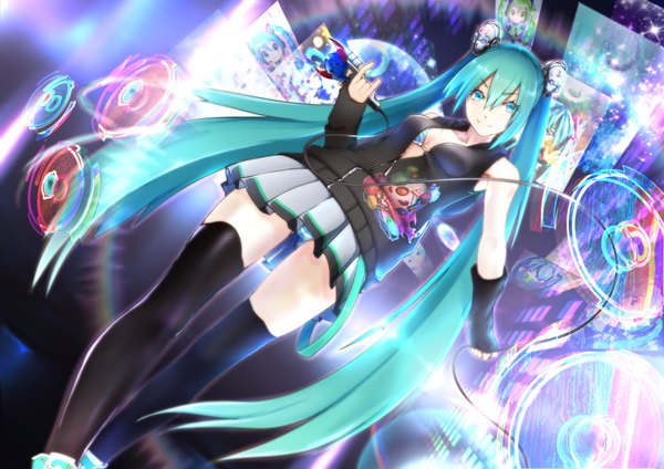 Anime picture 2000x1416 with vocaloid hatsune miku big.g single looking at viewer highres breasts light erotic smile standing twintails holding cleavage aqua eyes aqua hair from below pantyshot girl thighhighs skirt