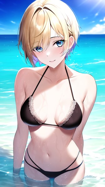 Anime picture 4320x7680 with original leone (kamina0205) single tall image looking at viewer blush fringe highres short hair breasts blue eyes light erotic blonde hair smile hair between eyes standing signed absurdres sky cloud (clouds)
