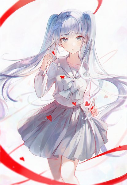 Anime picture 998x1445 with original daby single long hair tall image looking at viewer fringe simple background standing white background twintails holding green eyes silver hair blunt bangs long sleeves tears crying girl skirt